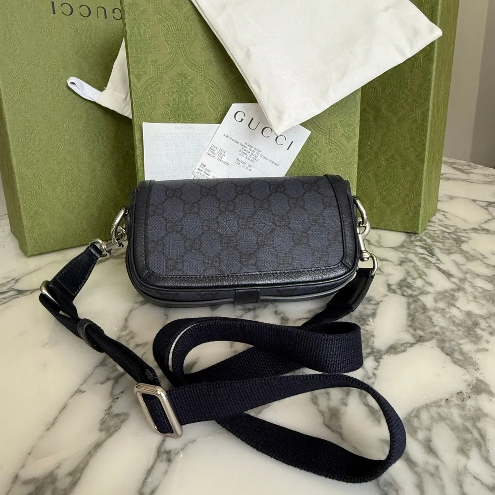 Gucci Ophidia Super Mini Shoulder Bag Navy Blue GG Supreme canvas, NEW 795466